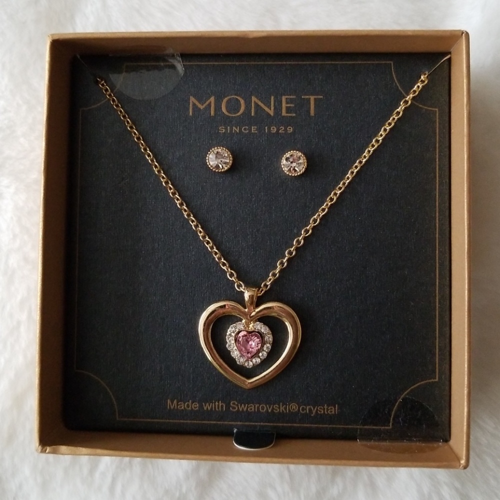 Monet Pink/Gold Heart Necklace and Earrings Set
